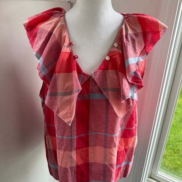 Isabella Sinclair Anthro Andover Cottage Camp Red Plaid Blouse Medium - Picture 7 of 11